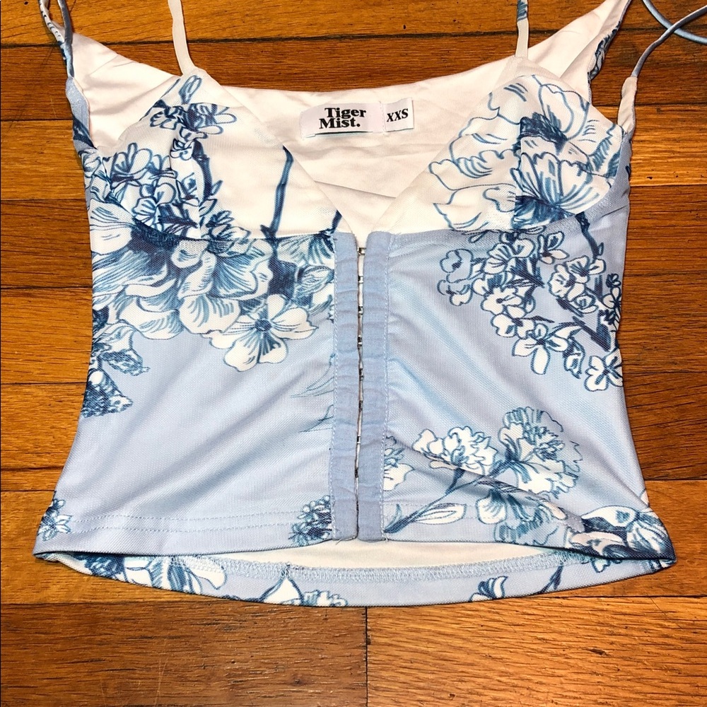Tiger Mist Cambell Mesh Corset Crop Top in Ceramic Floral Blue, US size 0 - Picture 5 of 14